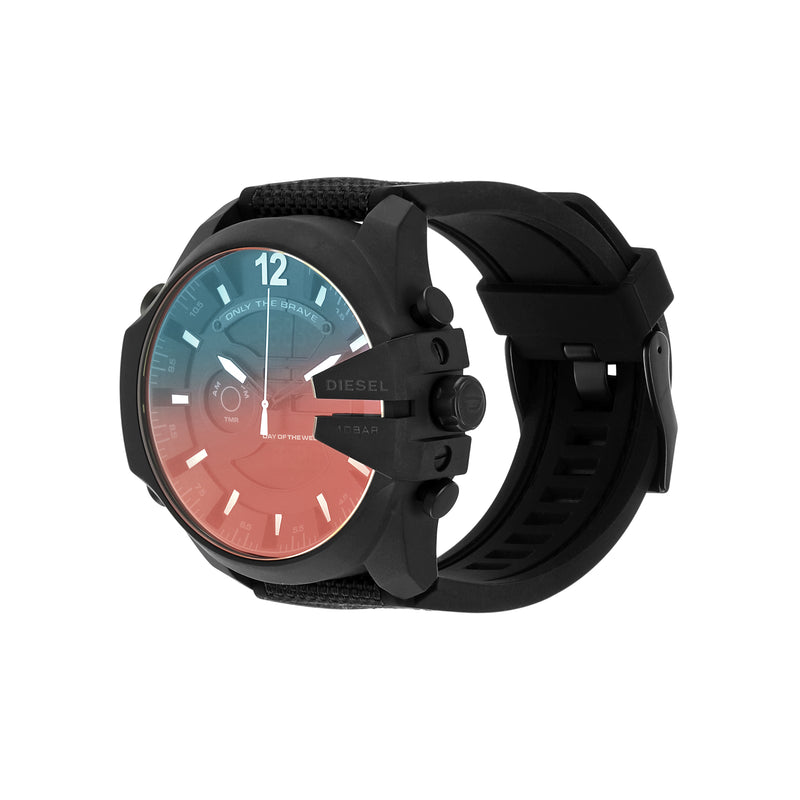 Black wristwatch with a colorful gradient dial face.