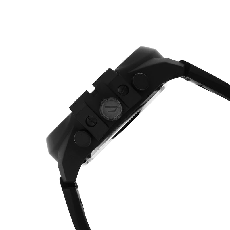 Black digital wristwatch with multiple buttons on the side.