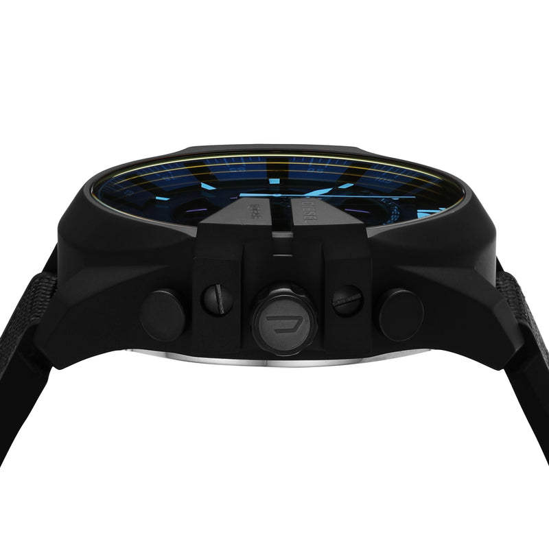 Black wristwatch with a blue-tinted face and multiple side buttons.