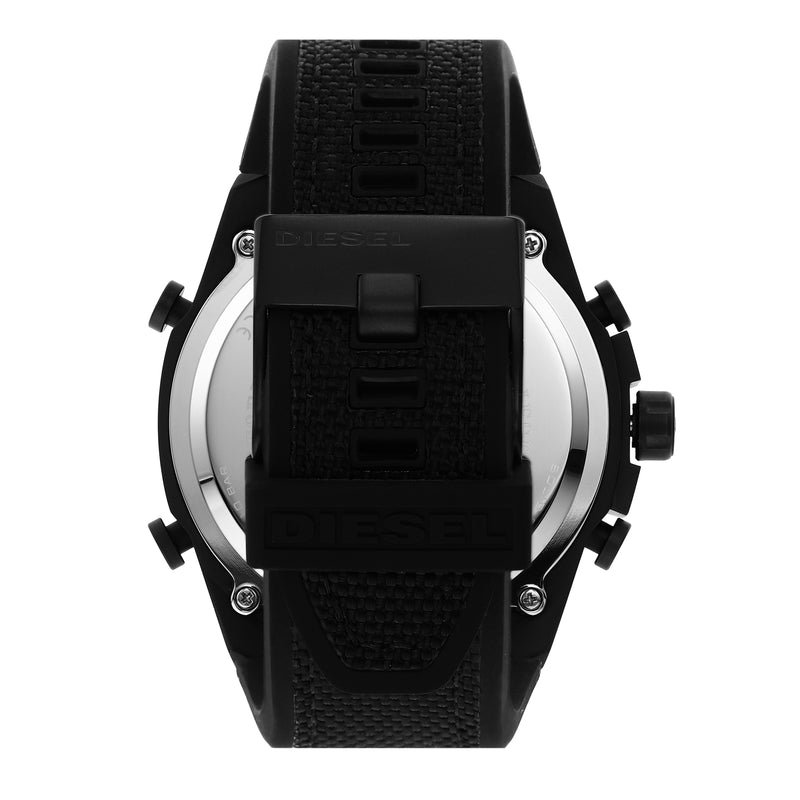 Back view of a digital wristwatch with a black rubber strap.