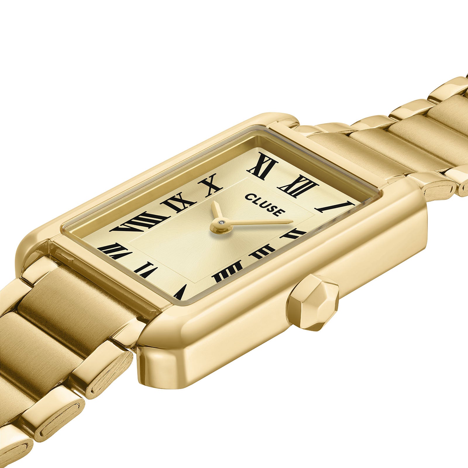 CLUSE Belisenna watch, gold dial, gold stainless steel strap CW15009, angled view
