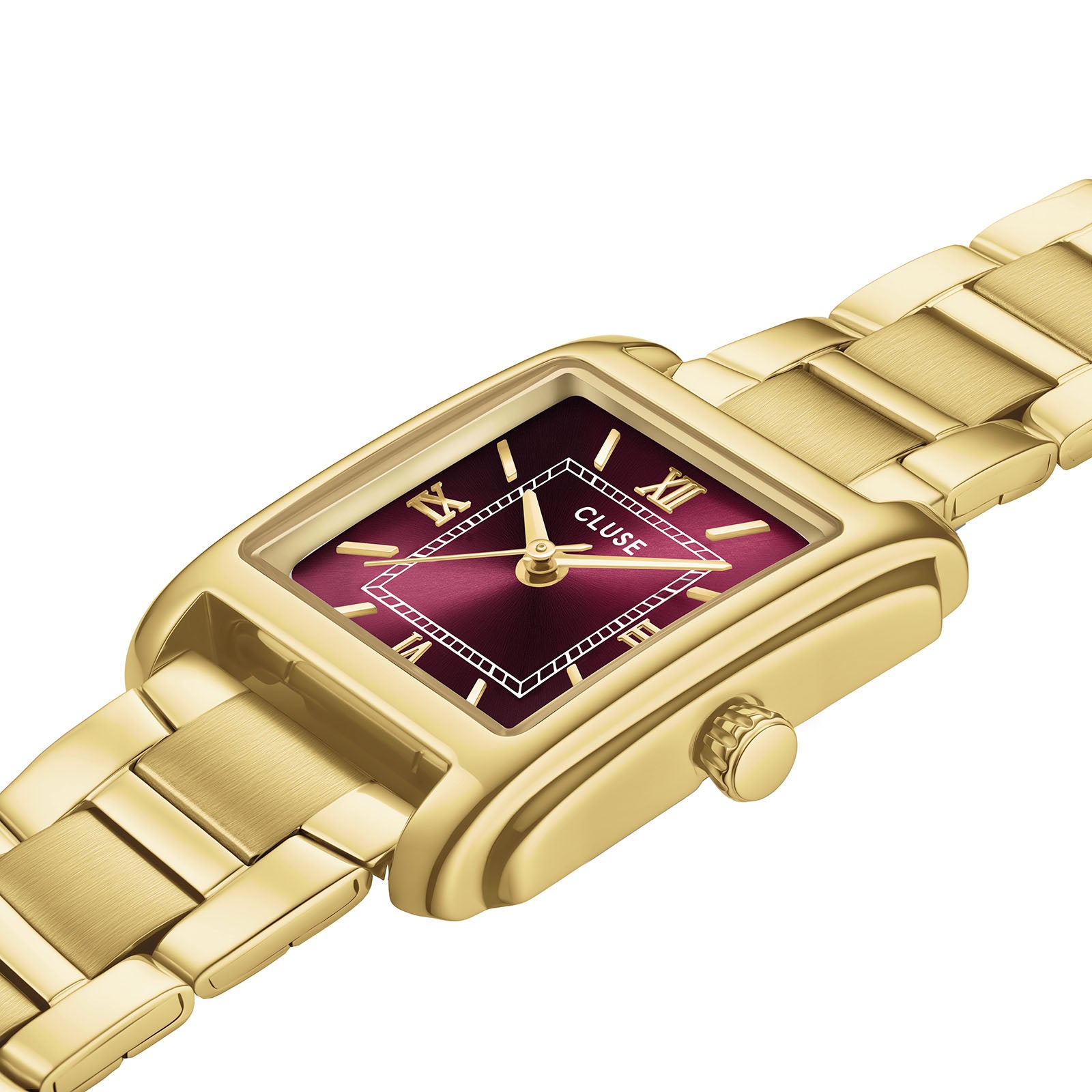 CLUSE Anglee watch, burgundy dial, gold stainless steel strap CW16603, angled view