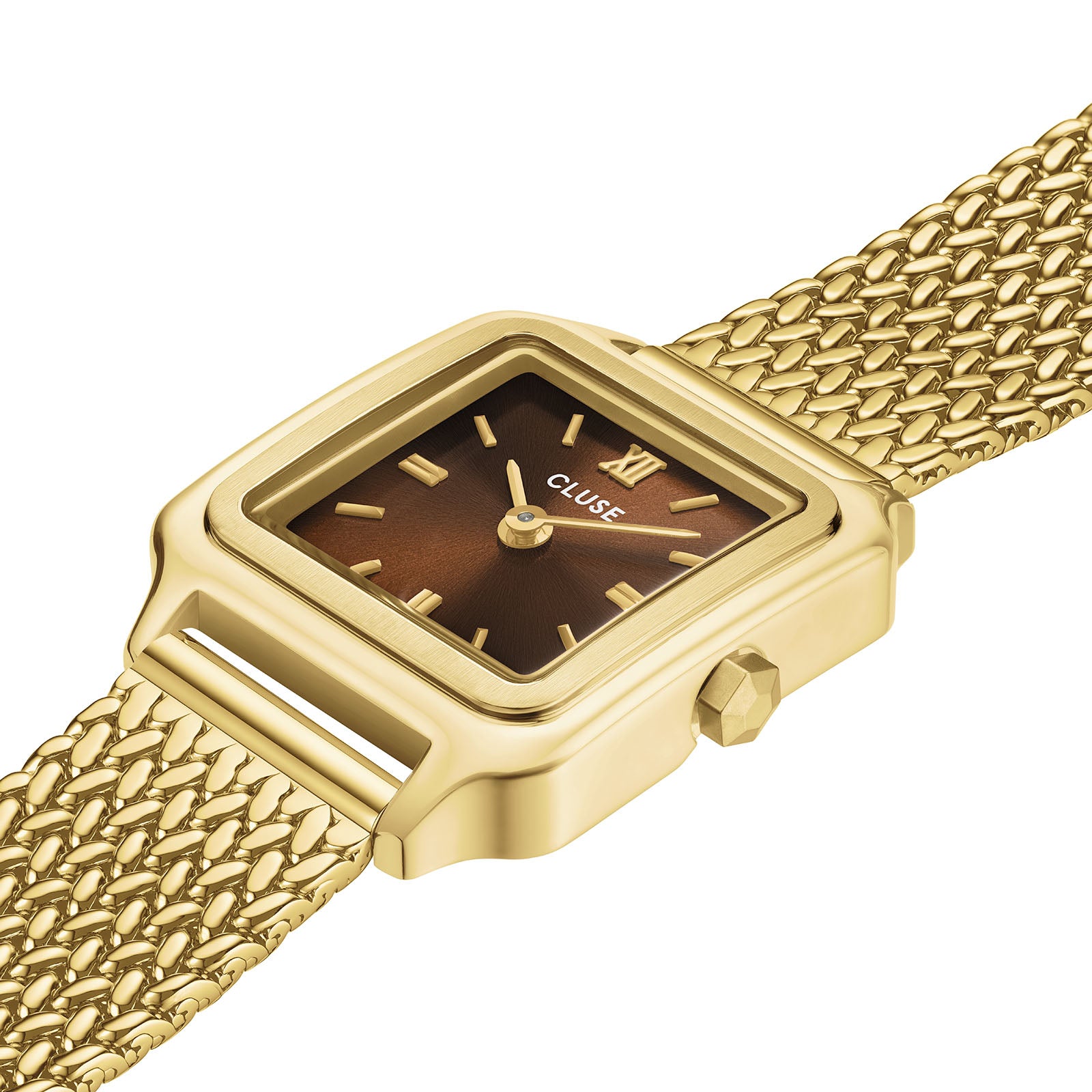 CLUSE Gracieuse Mini watch, brown dial, gold stainless steel strap CW15511, angled view