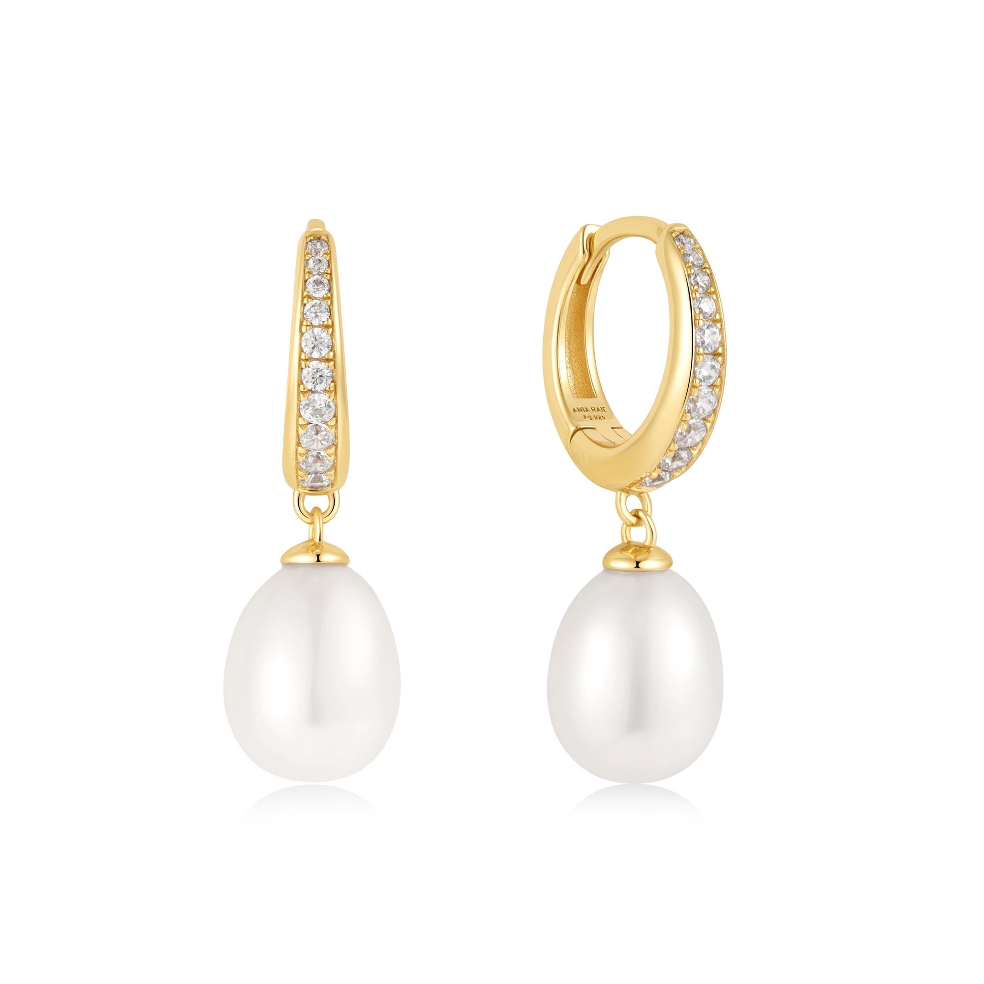Ania Haie Gold Pearl Drop Huggies Elegant Cubic Zirconia Jewelry