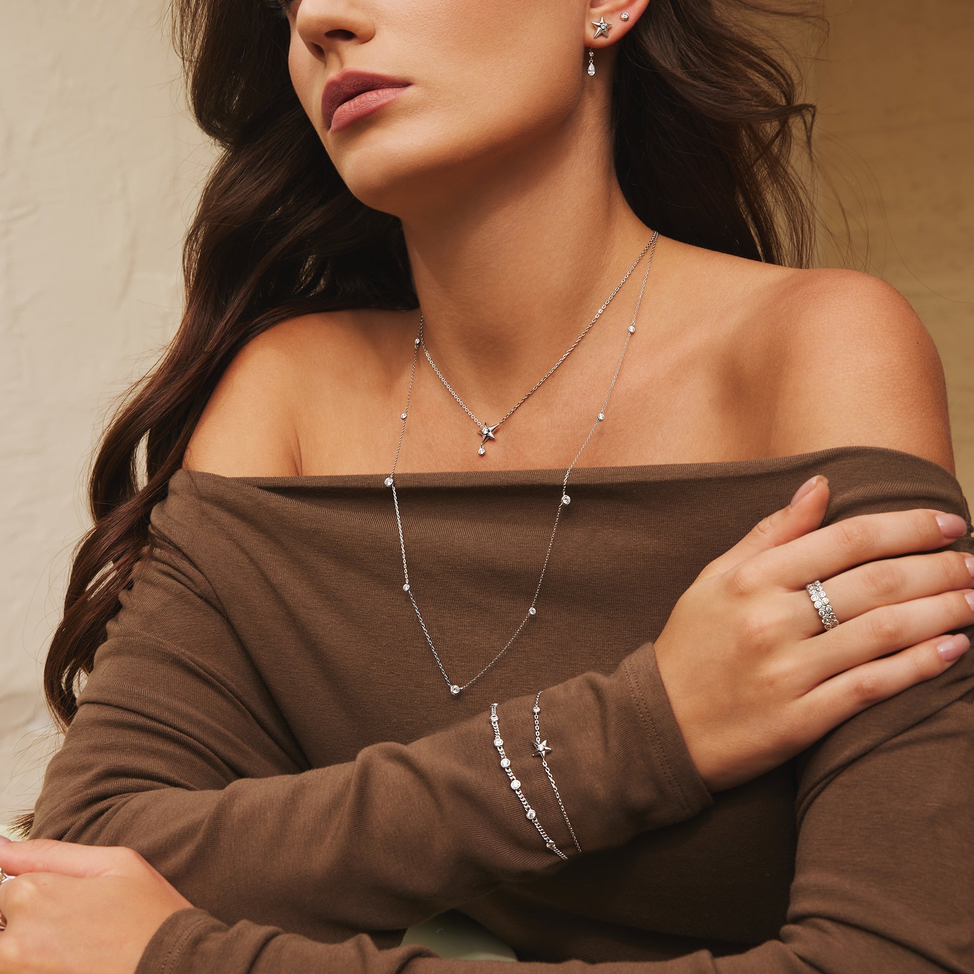 Silver Sparkling Star Drop Necklace Celestial Charm for Women