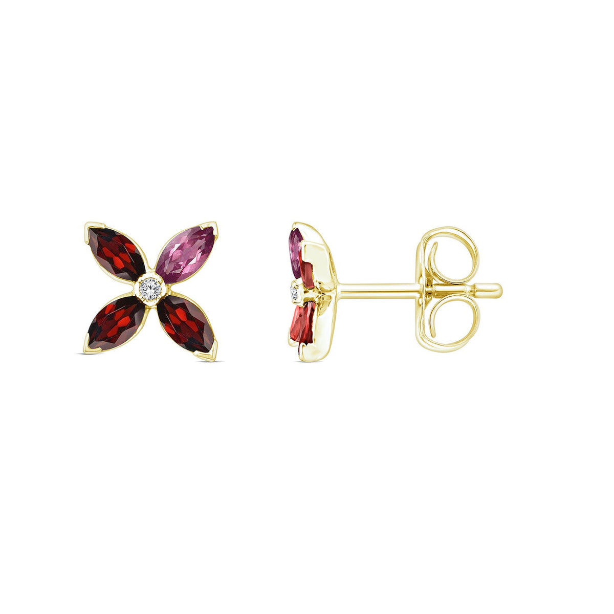 0.01ct Diamond, Garnet & Rhodolite Earrings in 9K Yellow Gold