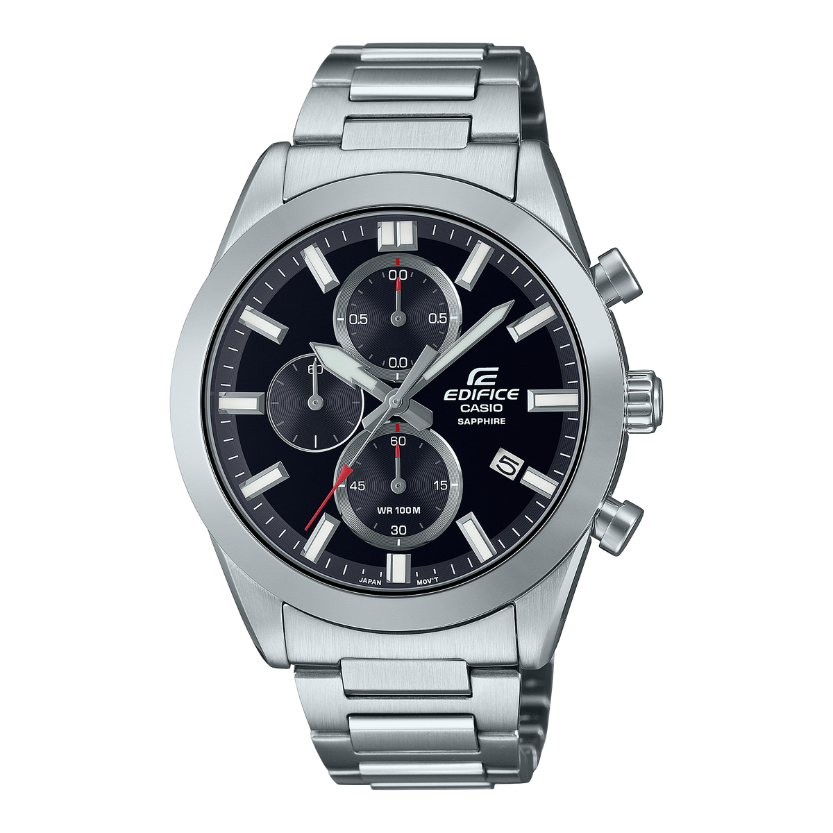 Stainless steel chronograph wristwatch with a black dial and three subdials.