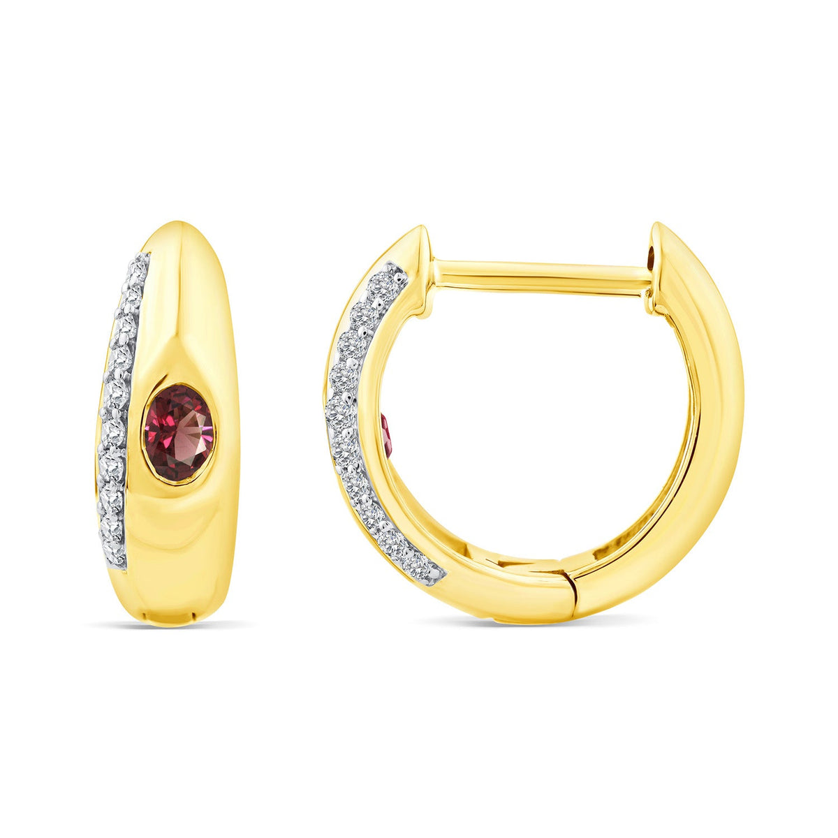 0.05ct Diamond & Garnet Hoop Earrings in 9K Yellow Gold
