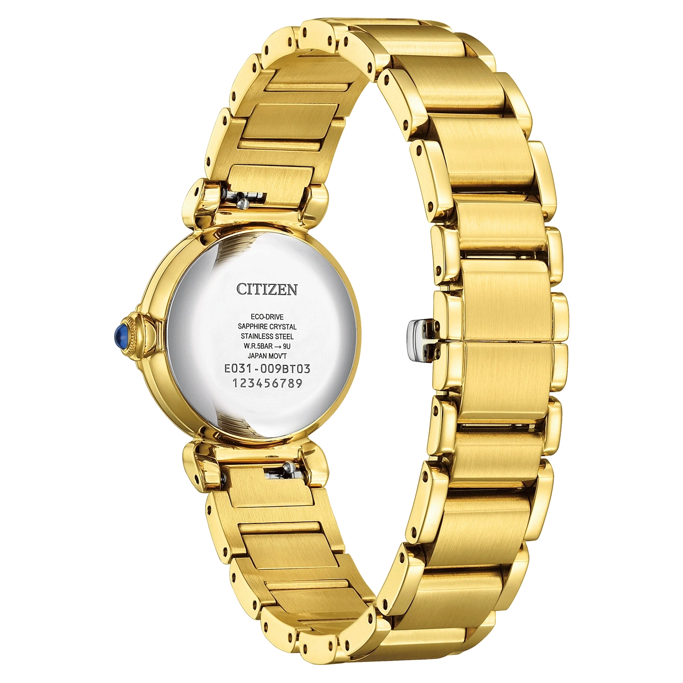 Citizen EM1132-88H gold-tone ladies watch, official case-back view showing sapphire crystal and Eco-Drive markings