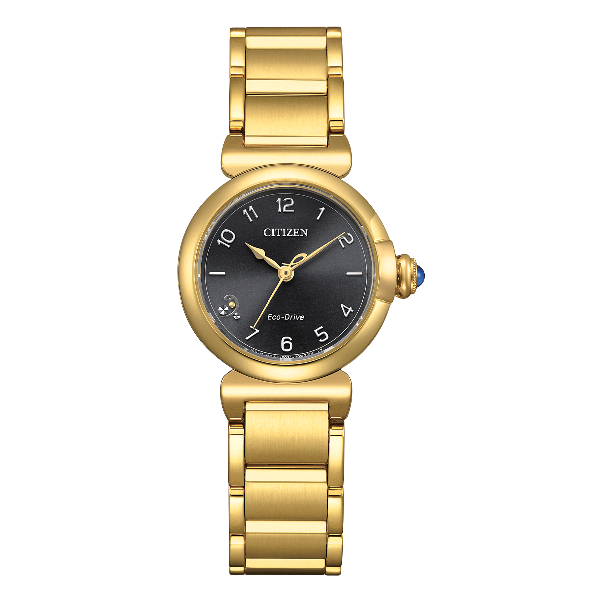 Citizen L May Bells EM1132-88H women's watch black dial gold tone stainless steel bracelet front view