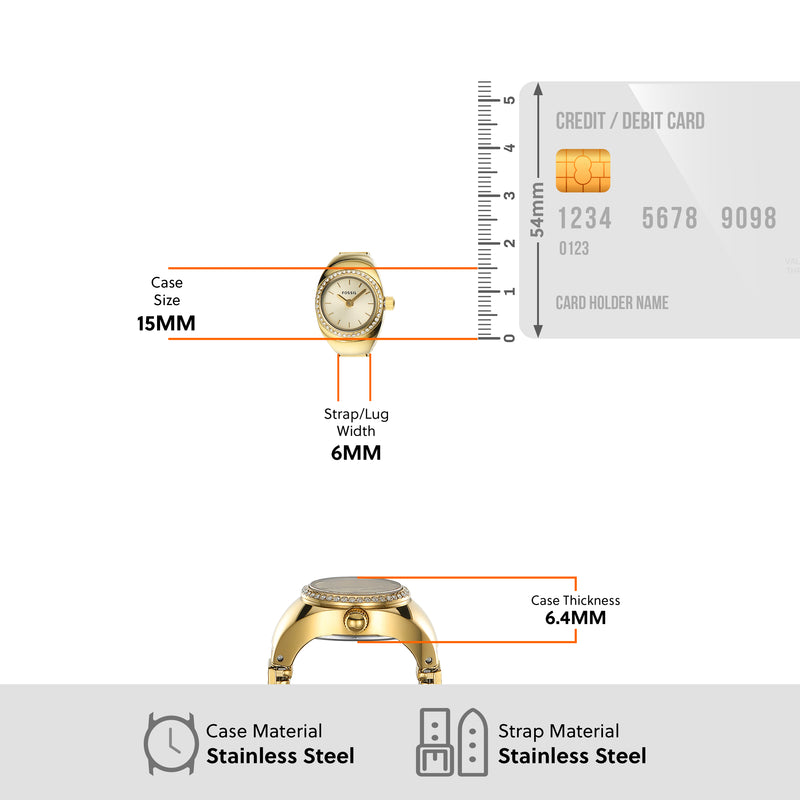 Fossil Gold Crystal-Adorned Two-Hand Movement Ring Watch ES5319