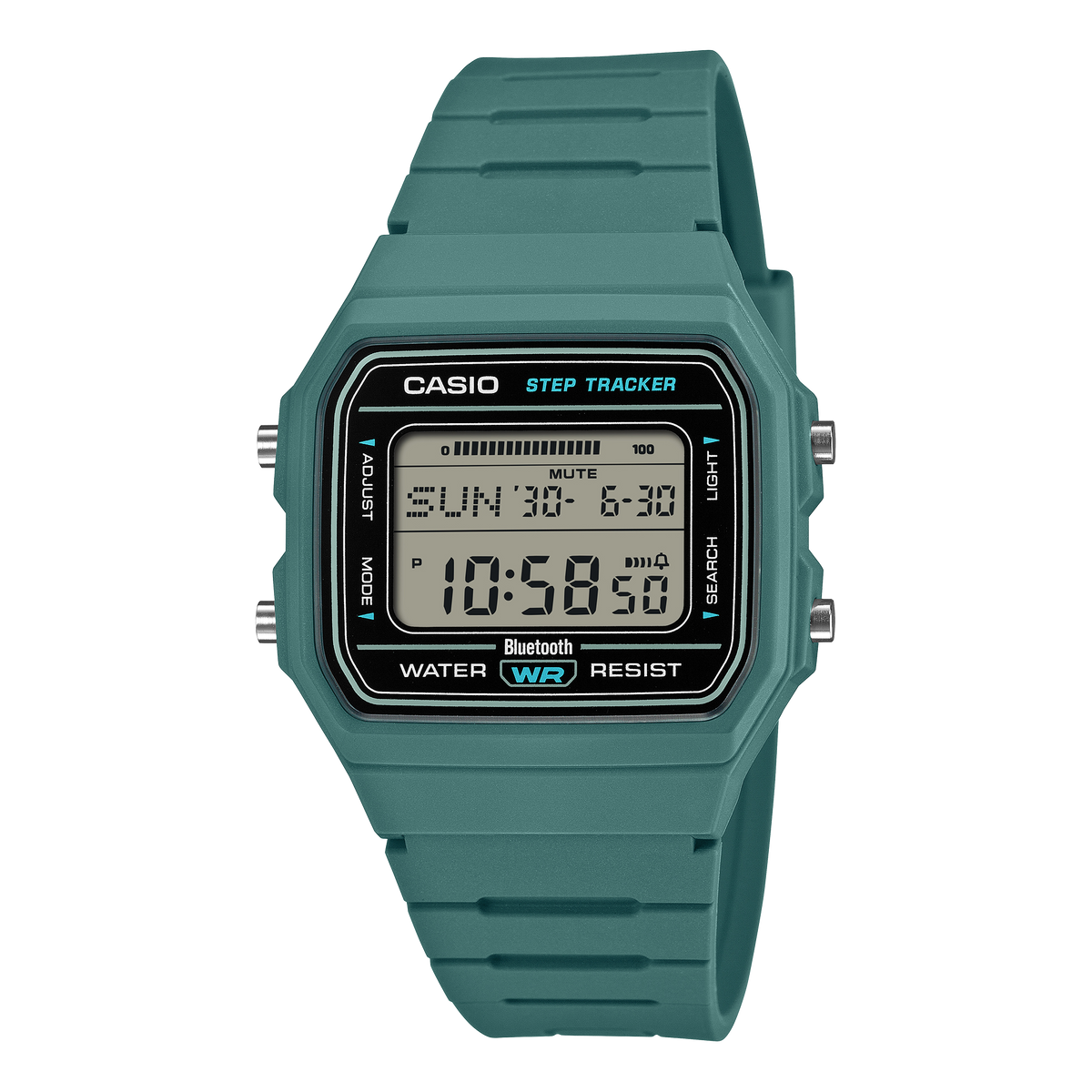Casio FB100W-3A digital watch with green resin case, positive LCD display and green resin strap