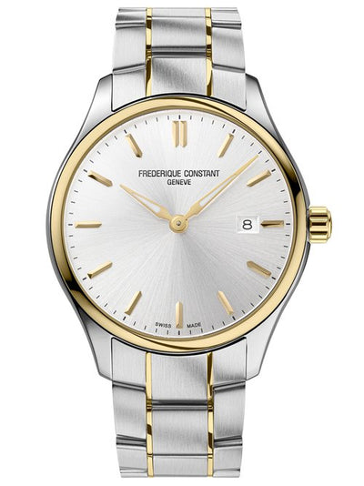 Two-tone stainless steel and gold wristwatch with a white dial and date window.