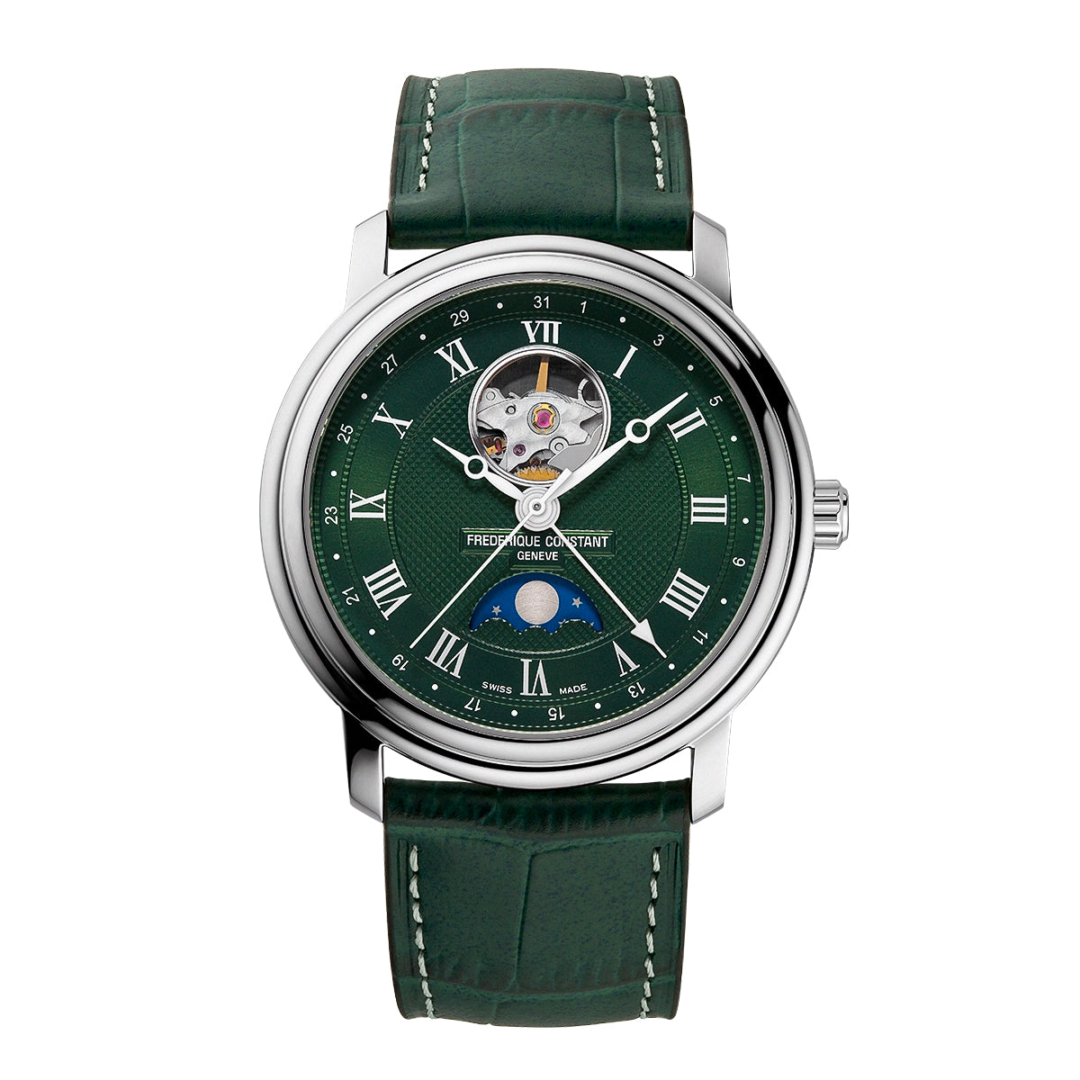 Elegant wristwatch with a green dial and leather strap.