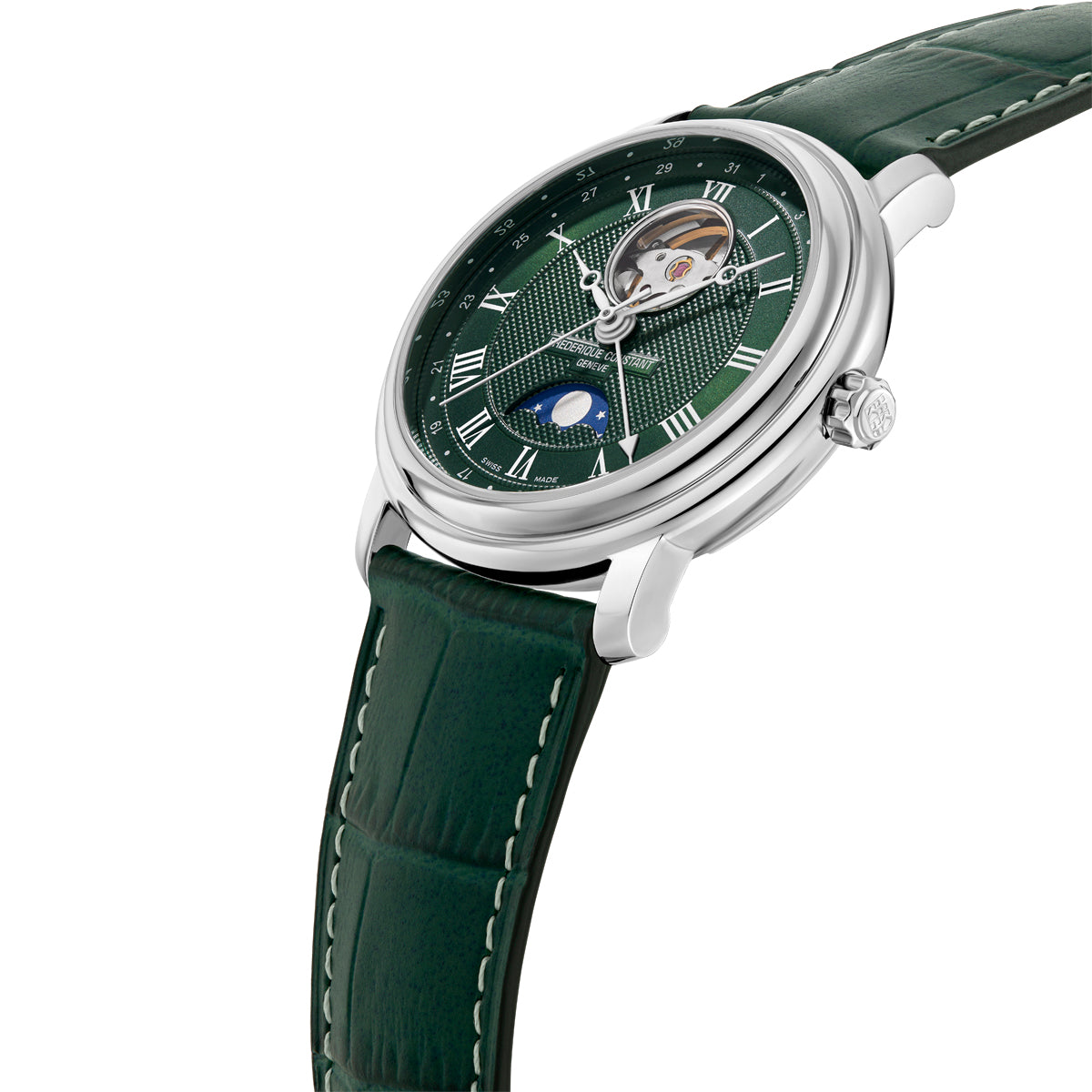 Luxury wristwatch with a green dial and leather strap.