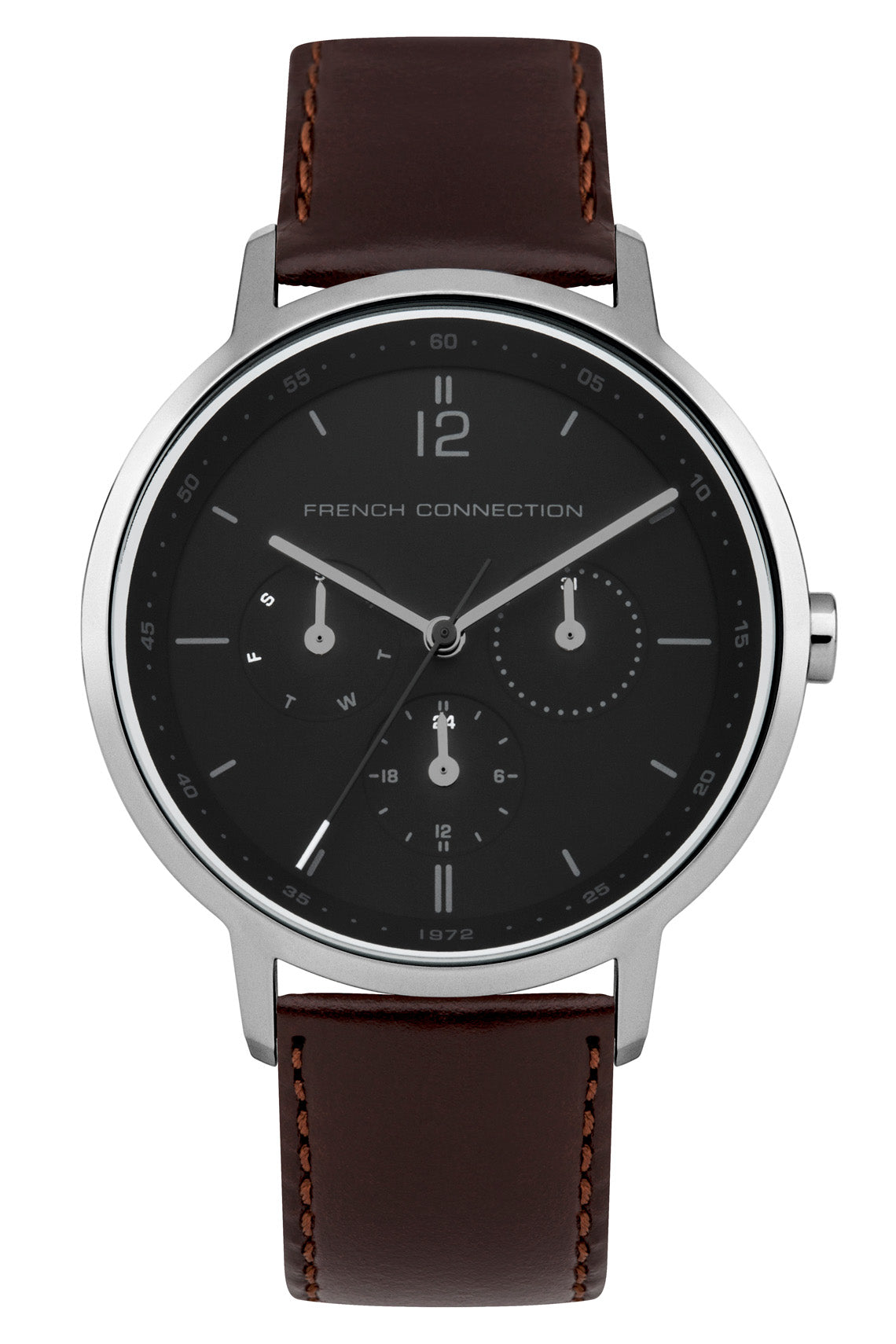 French Connection Newgate 39mm Black Dial Brown Leather Strap Watch