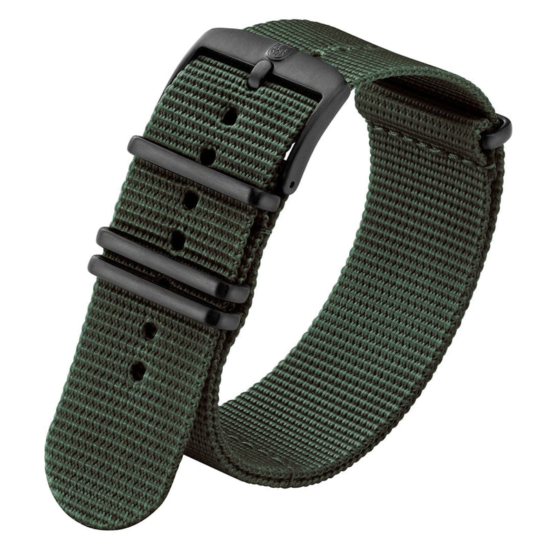 Green nylon watch strap with black buckle and loops.