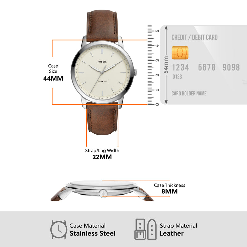 Analog wristwatch with a brown leather strap and round silver case.