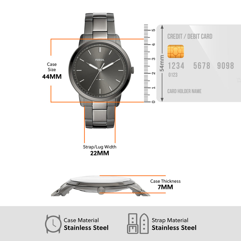 Sleek stainless steel wristwatch with a dark gray dial and metal bracelet.