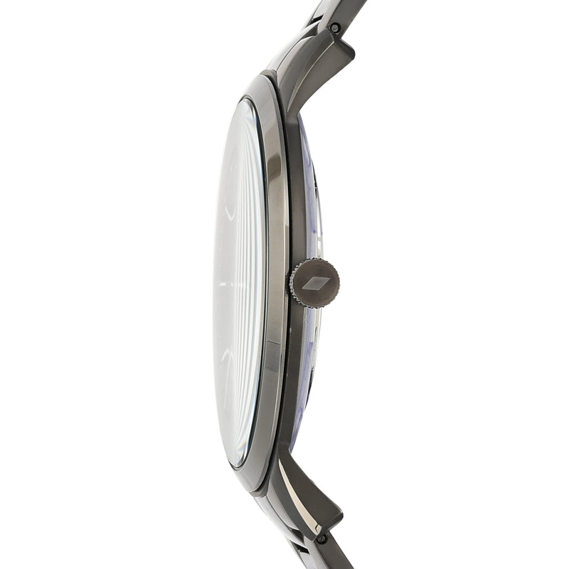 Side view of a sleek, minimalist wristwatch with a round face and metallic band.