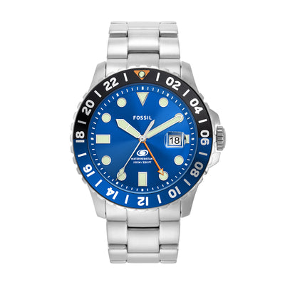 Fossil Blue GMT Silver Stainless Steel Blue Dial Men's Watch FS5991