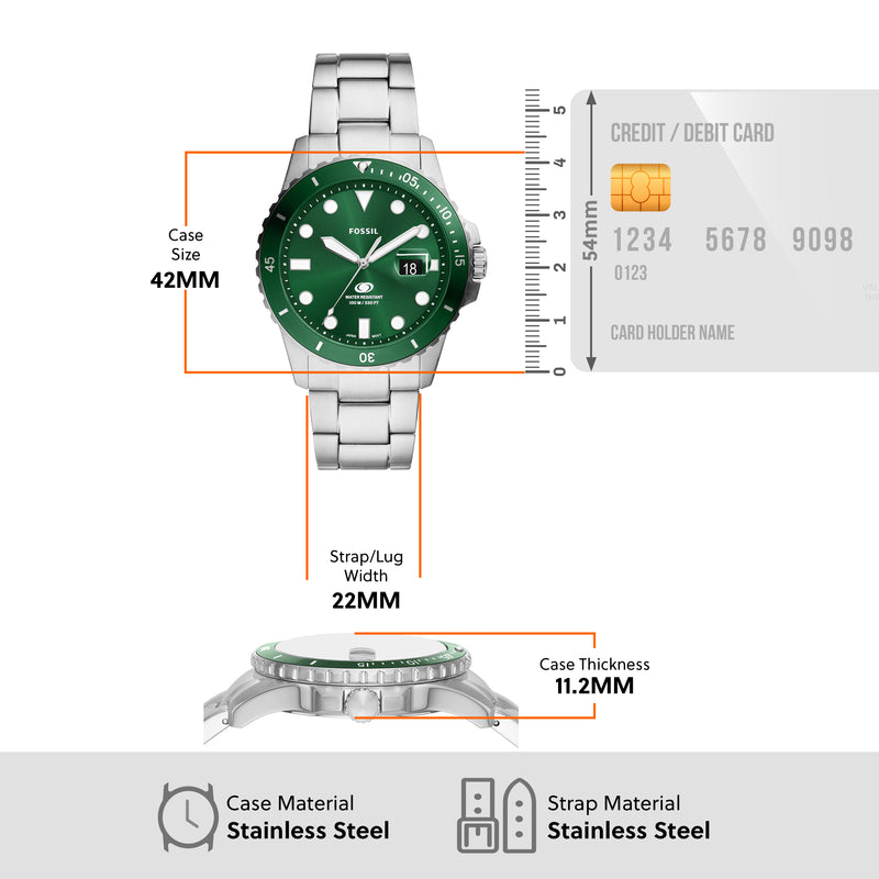 Fossil Silver Stainless Steel Green Dial Men's Watch FS6033