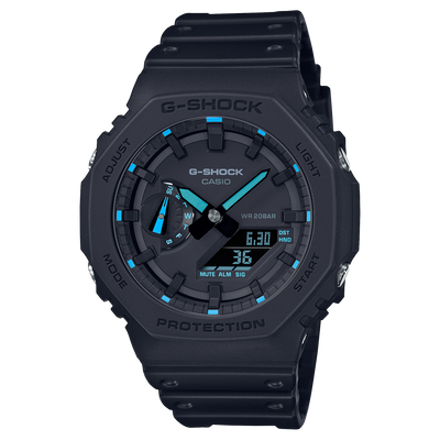 Black G-Shock wristwatch with blue accents on the dial.