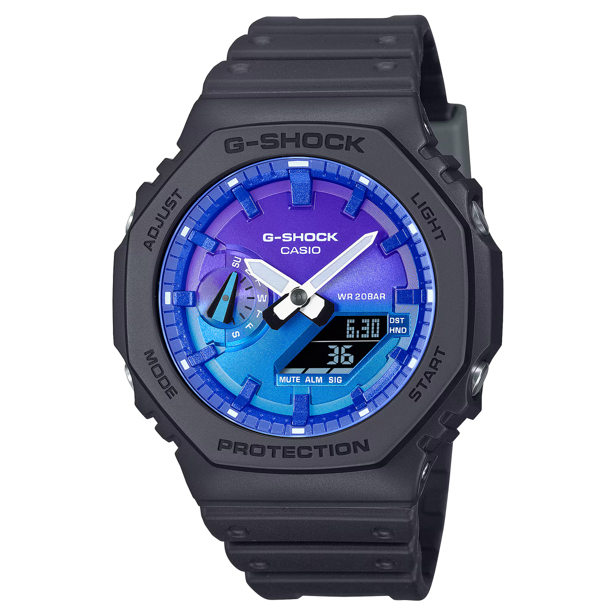 G-Shock Digital Black Resin Band Blue and Purple Dial Watch GA2100FL-1A