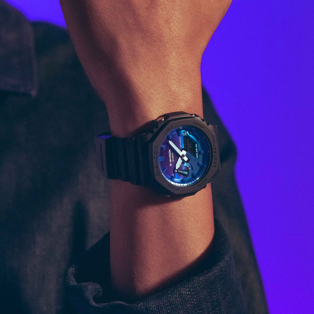 G-Shock Digital Black Resin Band Blue and Purple Dial Watch GA2100FL-1A