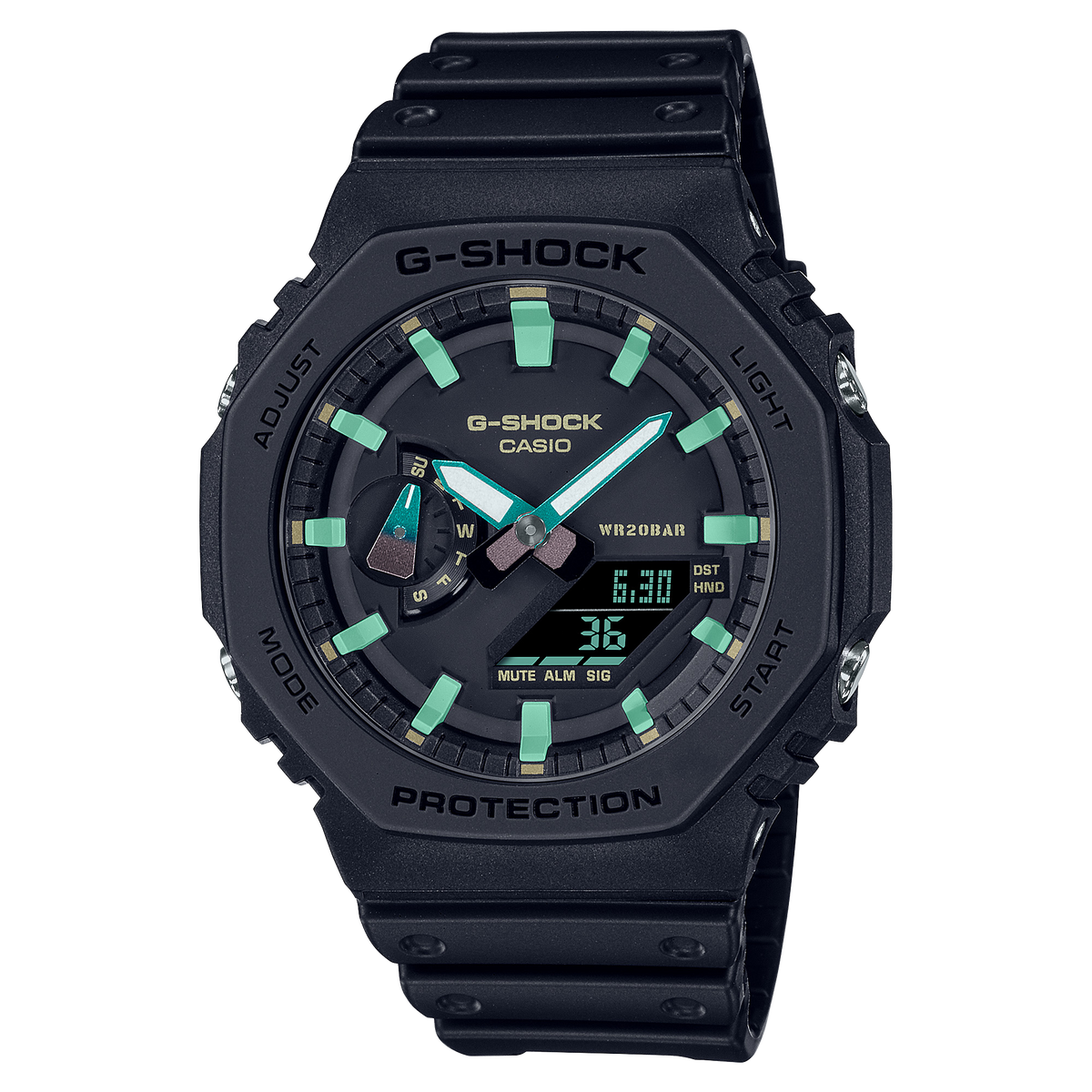Black G-Shock watch with teal accents on the dial and digital display.