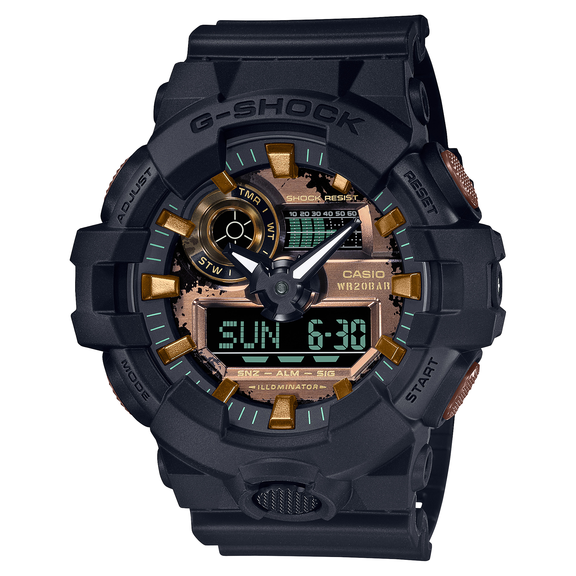 Rugged black G-Shock digital-analog wristwatch with gold accents on the face.