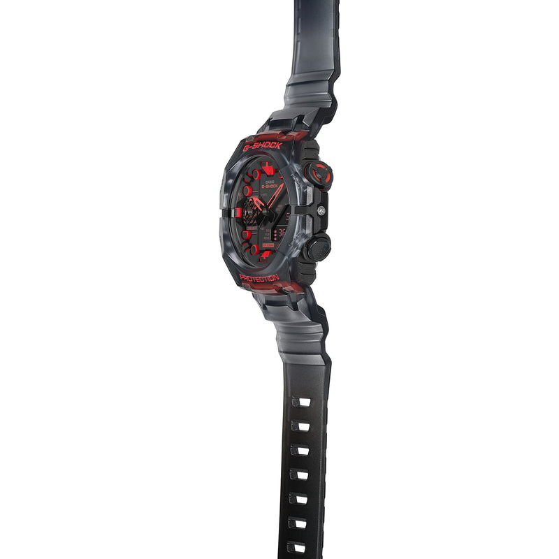 Rugged sports watch with a black strap and red accents on the dial.