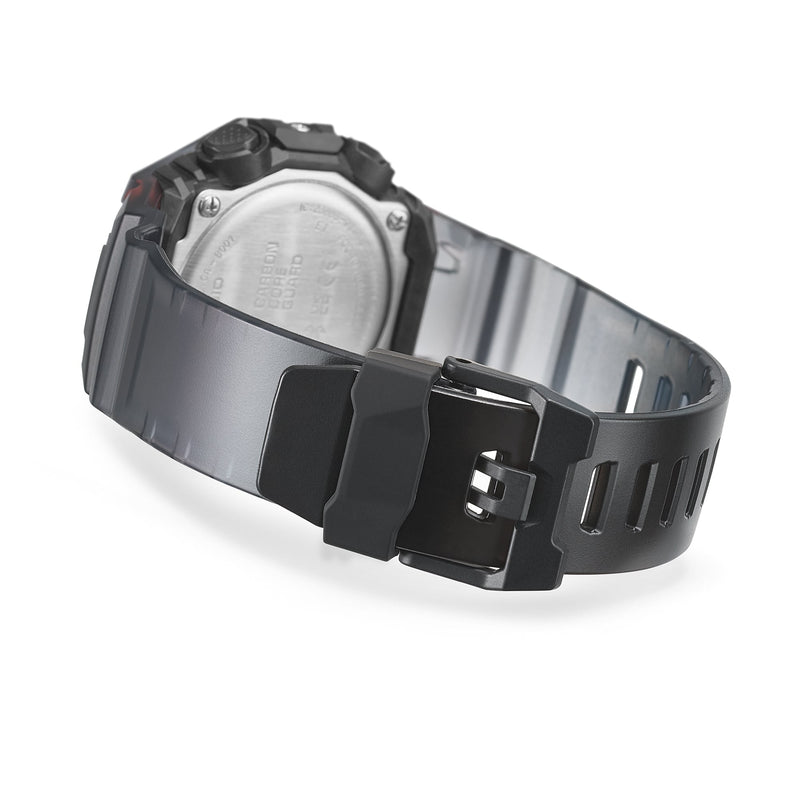 Black rubber watch band with a metal buckle closure.