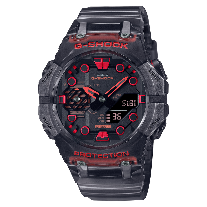 G-Shock wristwatch with a black and red color scheme.