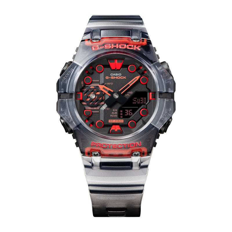 G-Shock wristwatch with a transparent case and red accents.