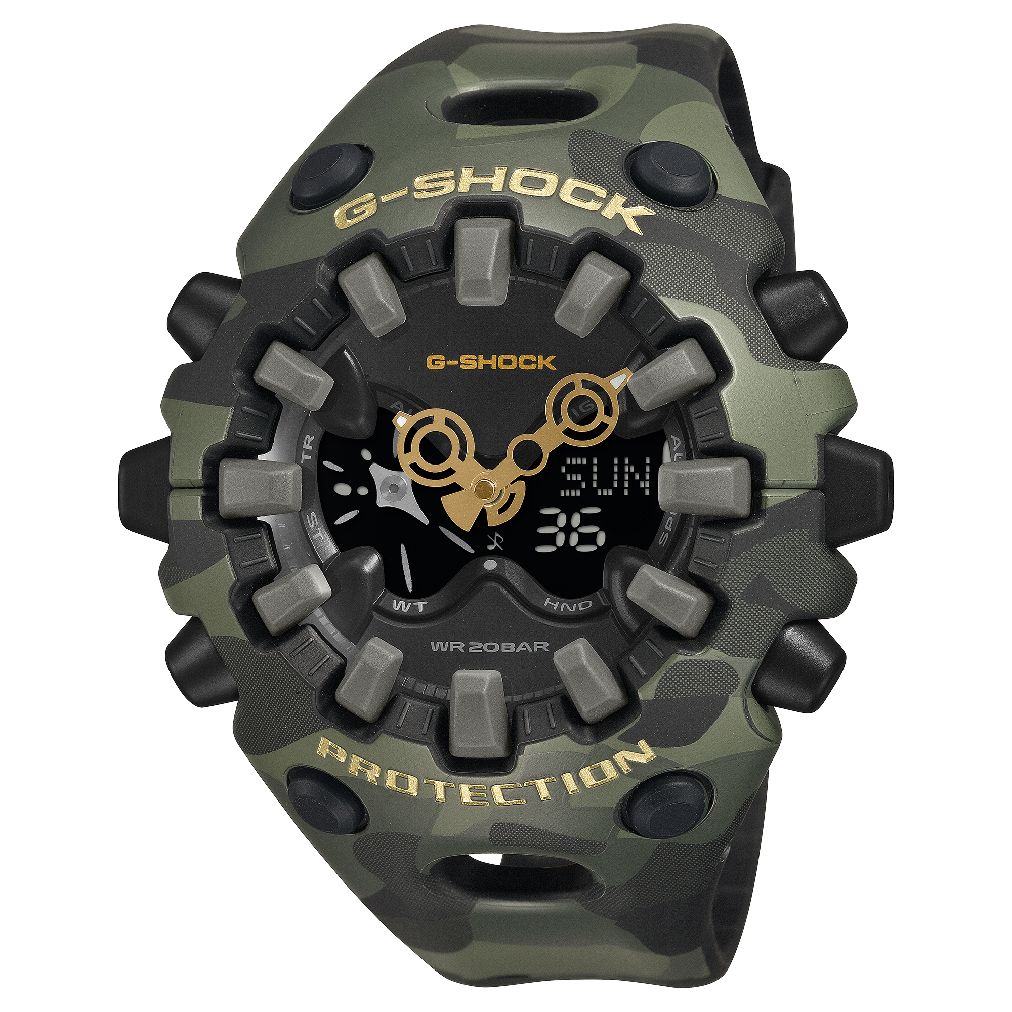 G-Shock wristwatch with a green camouflage bezel and matching resin band.