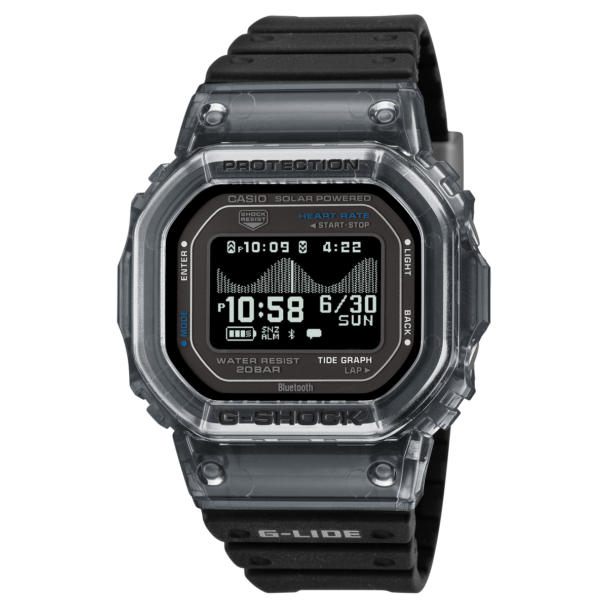 G-Shock G-LIDE wristwatch with a clear translucent case and black resin band.