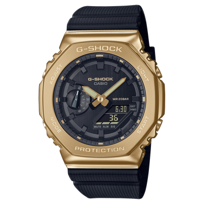 Gold and black G-Shock wristwatch with analog-digital display and fabric strap.