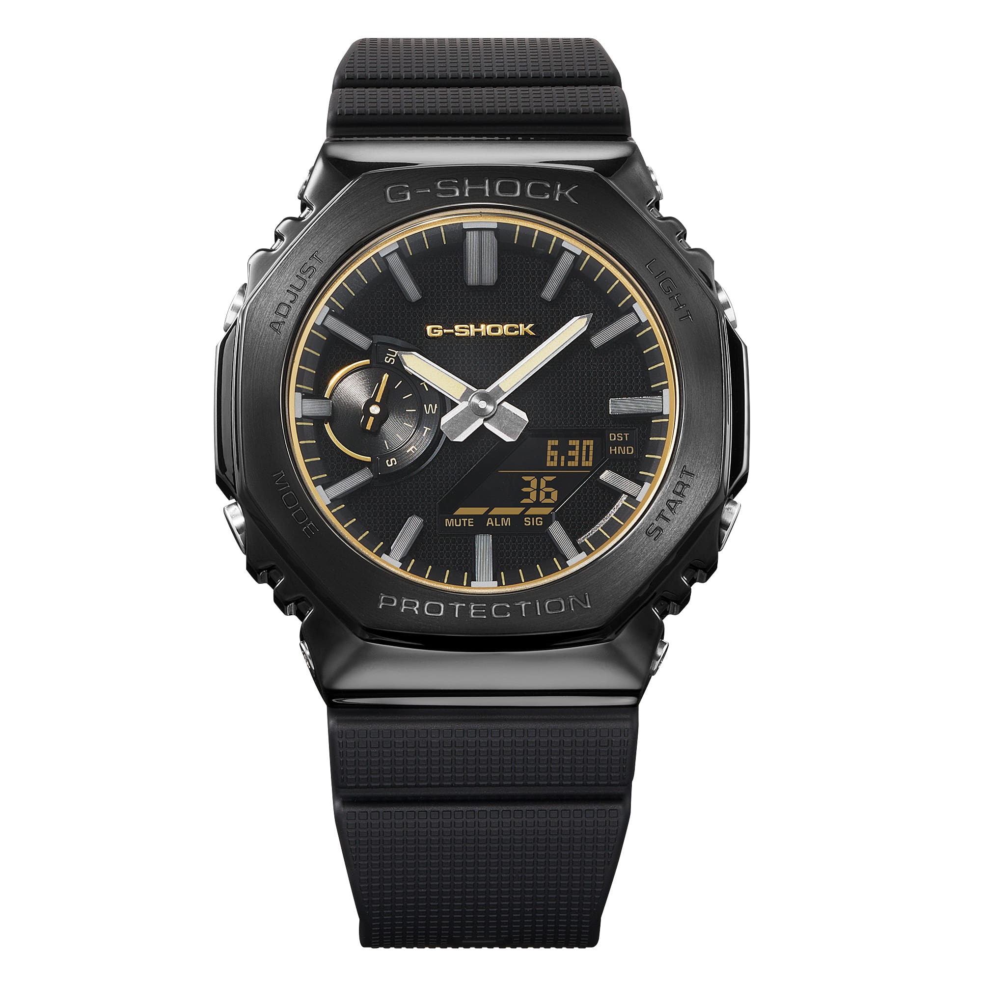 Front view of the G-Shock GM2100LXB-1A9 black dial with gold accents.