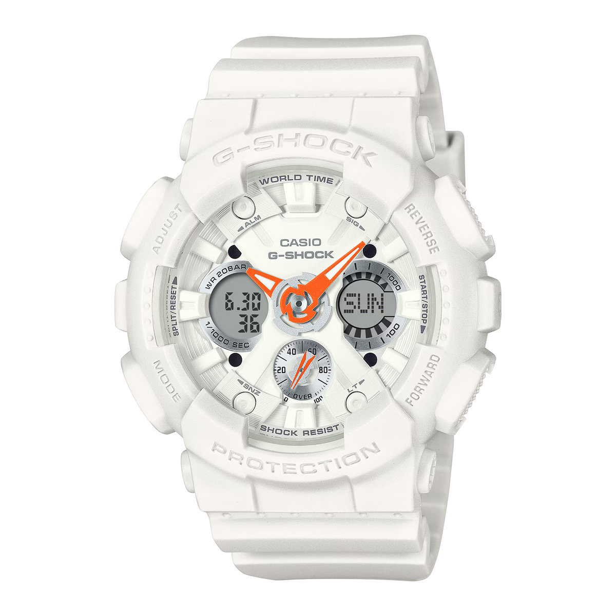 G-Shock Analog Digital White Resin Band Orange Hands Watch GMA-S120SA-7A1