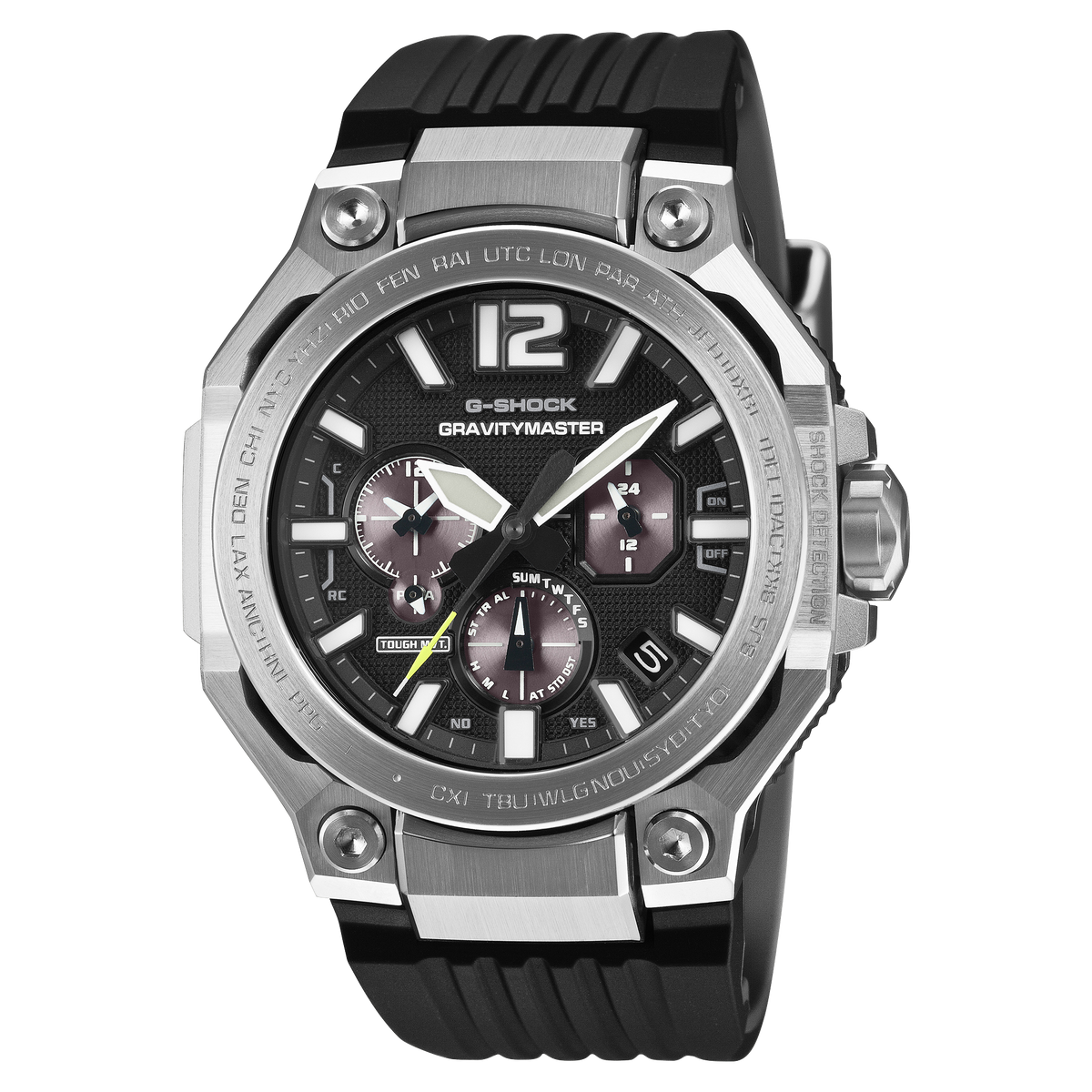 G-Shock Gravitymaster GWRB3000-1A black dial with silver bezel on a black resin band, shown straight on.