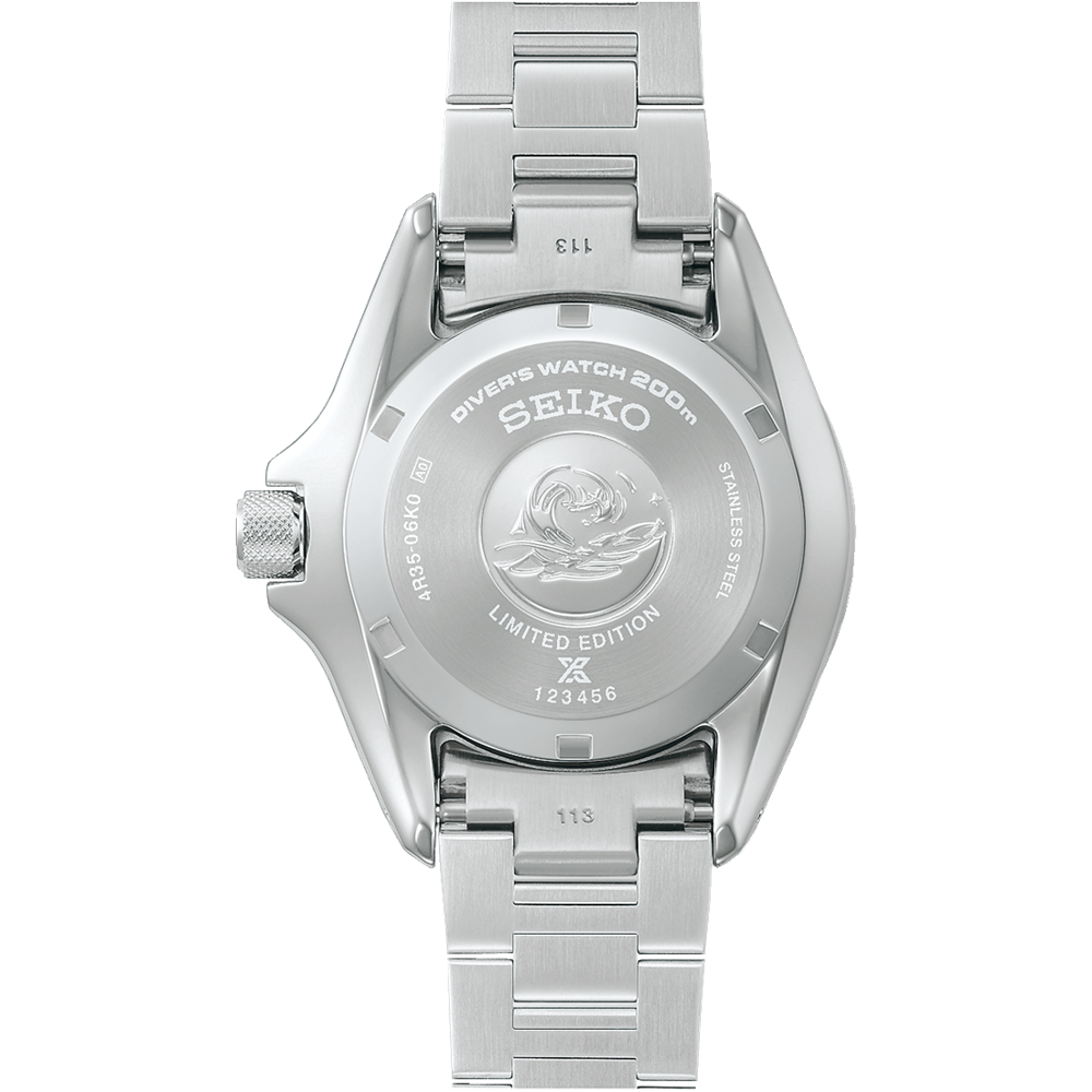 Side view of the Seiko Prospex HBB001K showing the two-tone silver and blue rotating bezel.