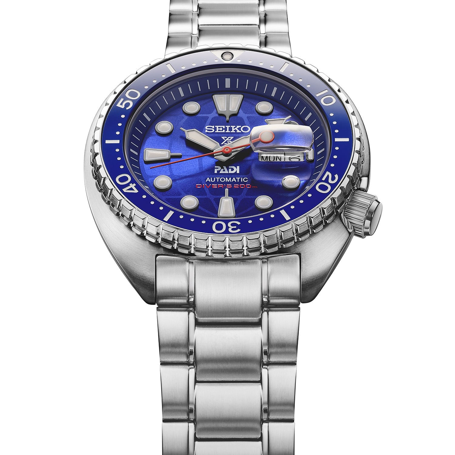 Seiko Prospex PADI 60th Anniversary HBB002K — angled view showing the blue ceramic bezel and screw-down crown — Watch Direct Australia