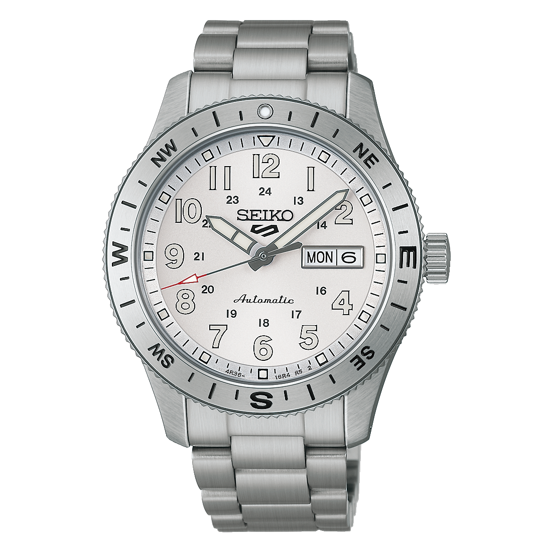 Seiko 5 Sports Field wristwatch with a white dial and stainless steel bracelet.