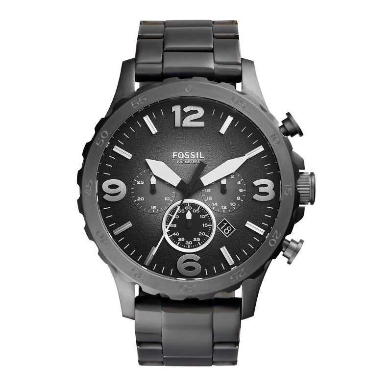 Black stainless steel Fossil chronograph wristwatch with a round face and multiple subdials.