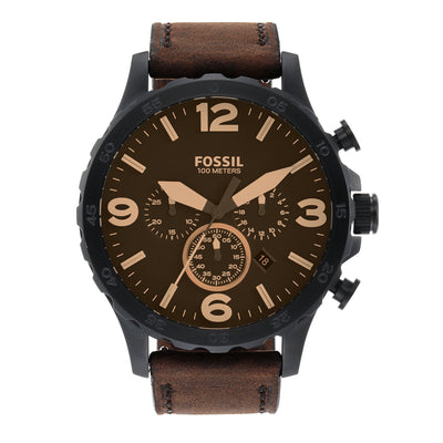 Timeless Fossil Nate Chronograph Watch with Brown Leather Strap