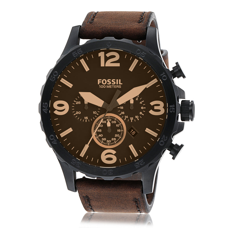 Timeless Fossil Nate Chronograph Watch with Brown Leather Strap