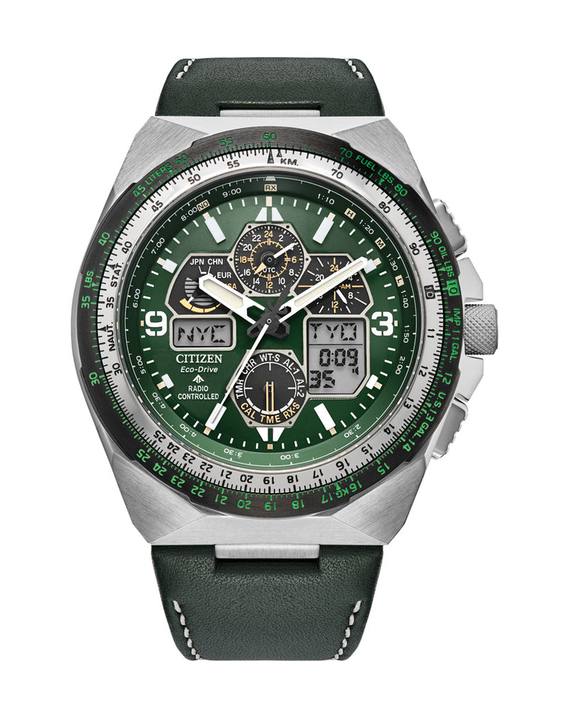 Citizen Promaster Eco-Drive Black Leather Strap Green Dial Watch JY8147- 01X