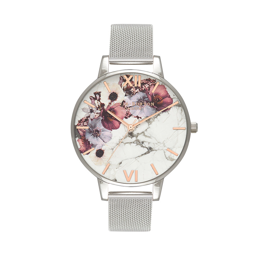 Olivia Burton Marble Florals Silver Watch