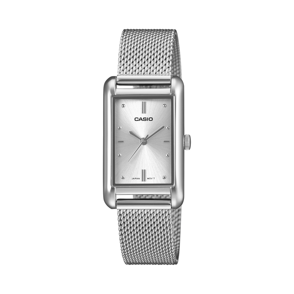 Casio LTPB171M-7A silver dial rectangular watch on a stainless steel mesh band